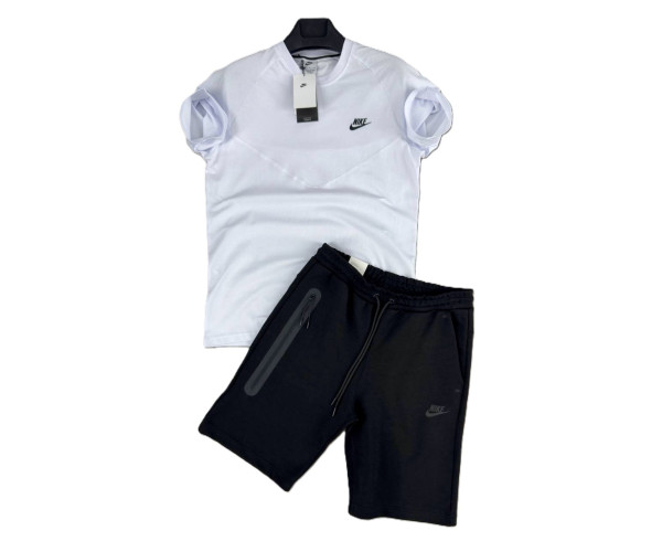 Мъжки спортен къс комплект Nike Tech Fleece Shorts+T-shirt Black & White
