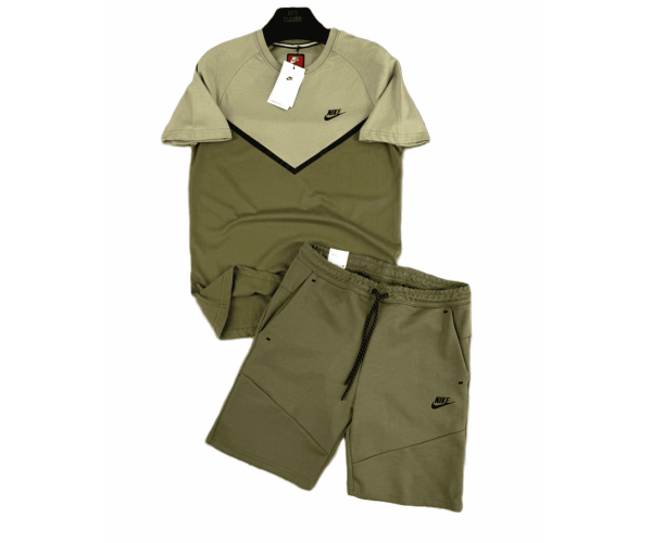 Мъжки спортен къс екип Nike Tech Fleece Shorts+T-shirt Army Green