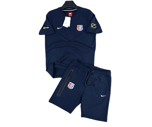 Мъжки спортен къс екип Nike Tech Fleece BARCELONA Shorts+T-shirt Dark Blue